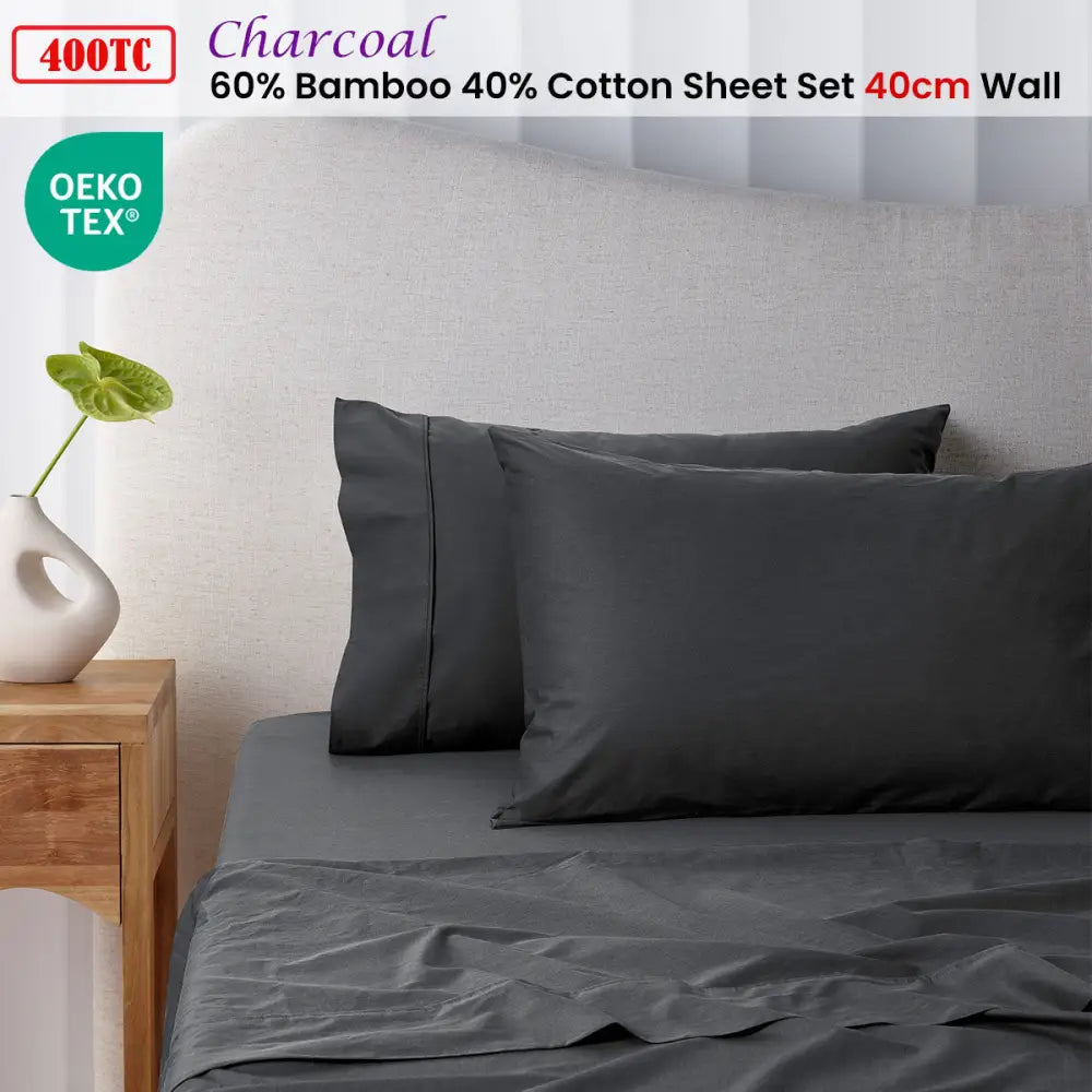 Accessorize 400TC Charcoal Bamboo Cotton Sheet Set 40cm Wall King Single - Home & Garden > Bedding > Bed Sheets