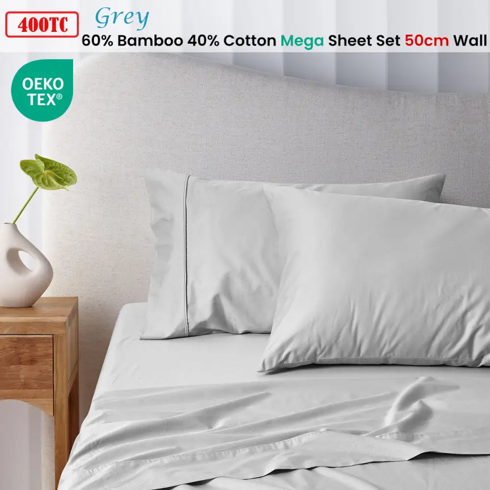 Accessorize 400TC Grey Bamboo Cotton Mega / Super Sheet Set 50cm Wall Super King - Home & Garden > Bedding > Bed Sheets