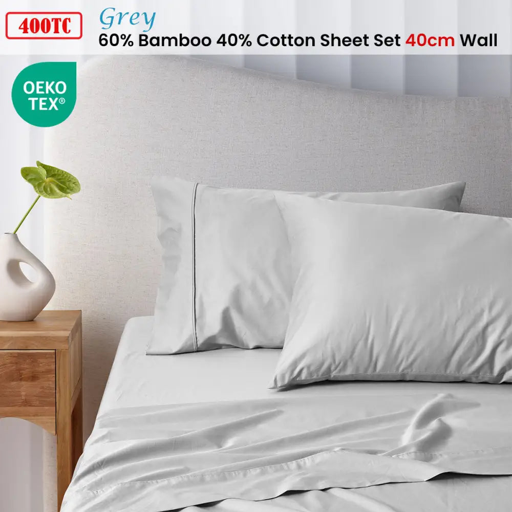 Accessorize 400TC Grey Bamboo Cotton Sheet Set 40cm Wall Double - Home & Garden > Bedding > Bed Sheets