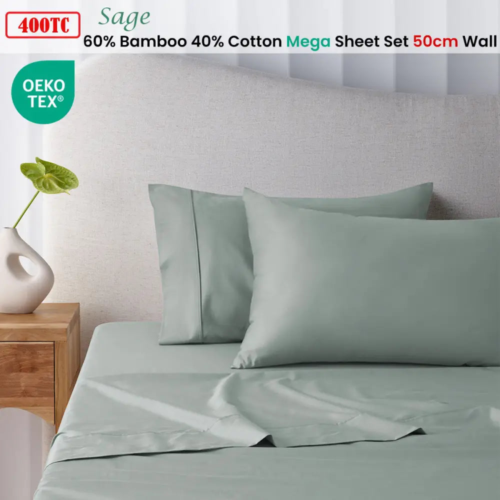 Accessorize 400TC Sage Bamboo Cotton Mega / Super Sheet Set 50cm Wall King - Home & Garden > Bedding > Bed Sheets