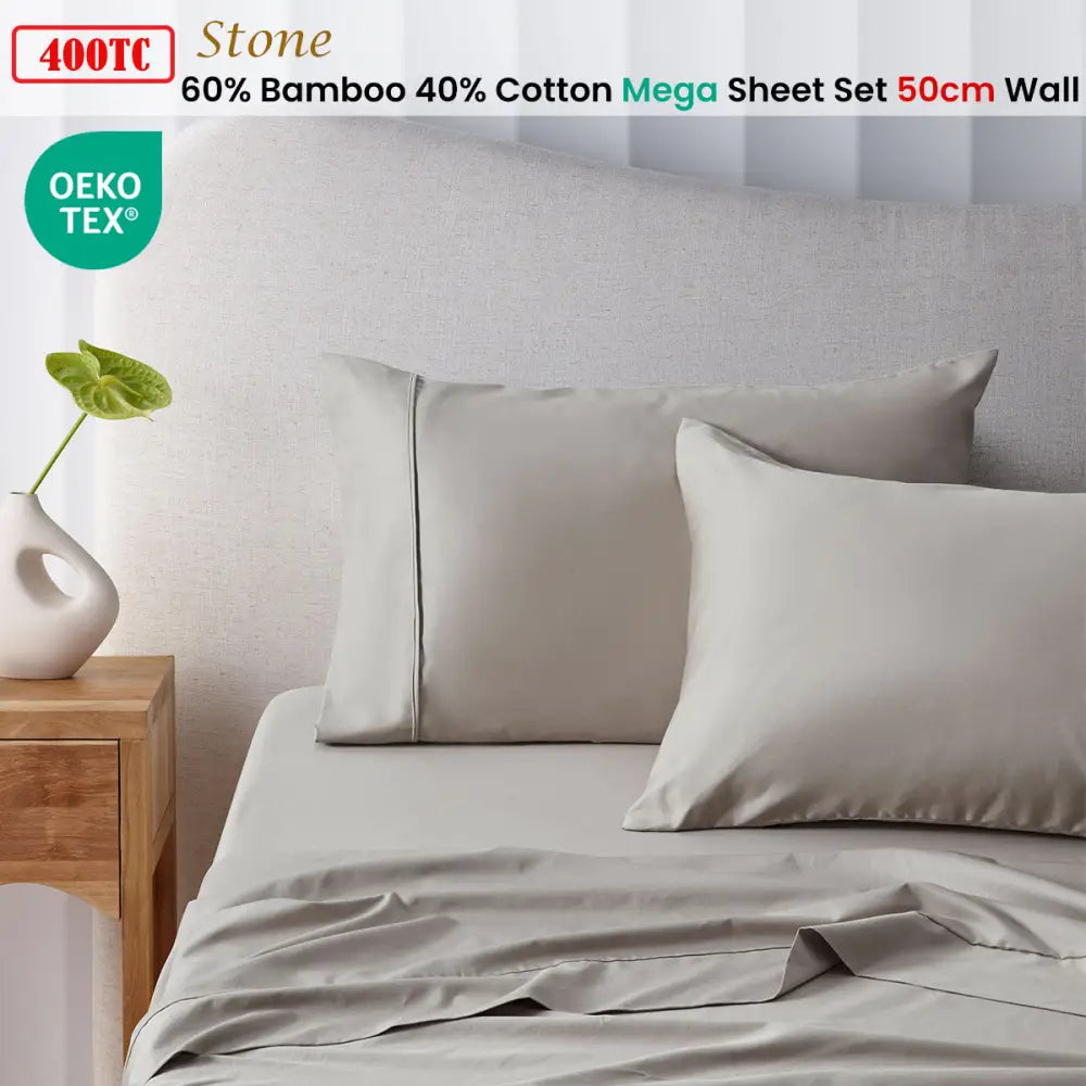 Accessorize 400TC Stone Bamboo Cotton Mega / Super Sheet Set 50cm Wall Queen - Home & Garden > Bedding > Bed Sheets