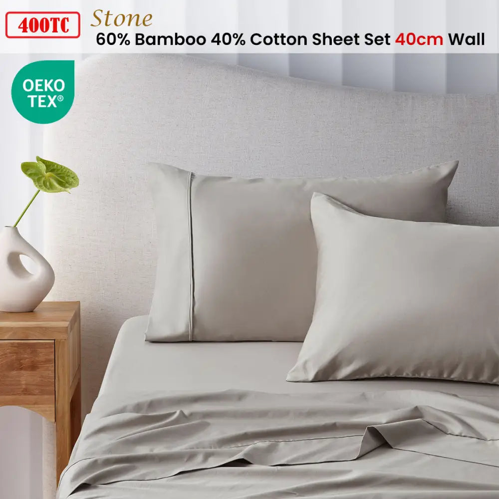 Accessorize 400TC Stone Bamboo Cotton Sheet Set 40cm Wall King Single - Home & Garden > Bedding > Bed Sheets