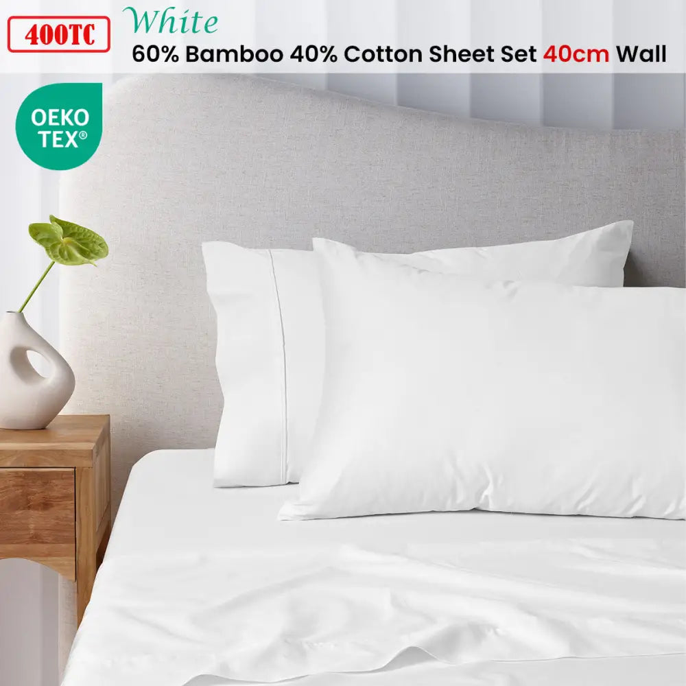 Accessorize 400TC White Bamboo Cotton Sheet Set 40cm Wall King Single - Home & Garden > Bedding > Bed Sheets