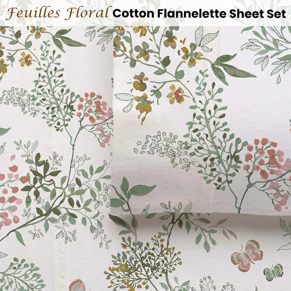 Accessorize Cotton Flannelette Sheet Set 40cm Wall Feuilles Floral Print Queen - Home & Garden > Bedding > Bed Sheets