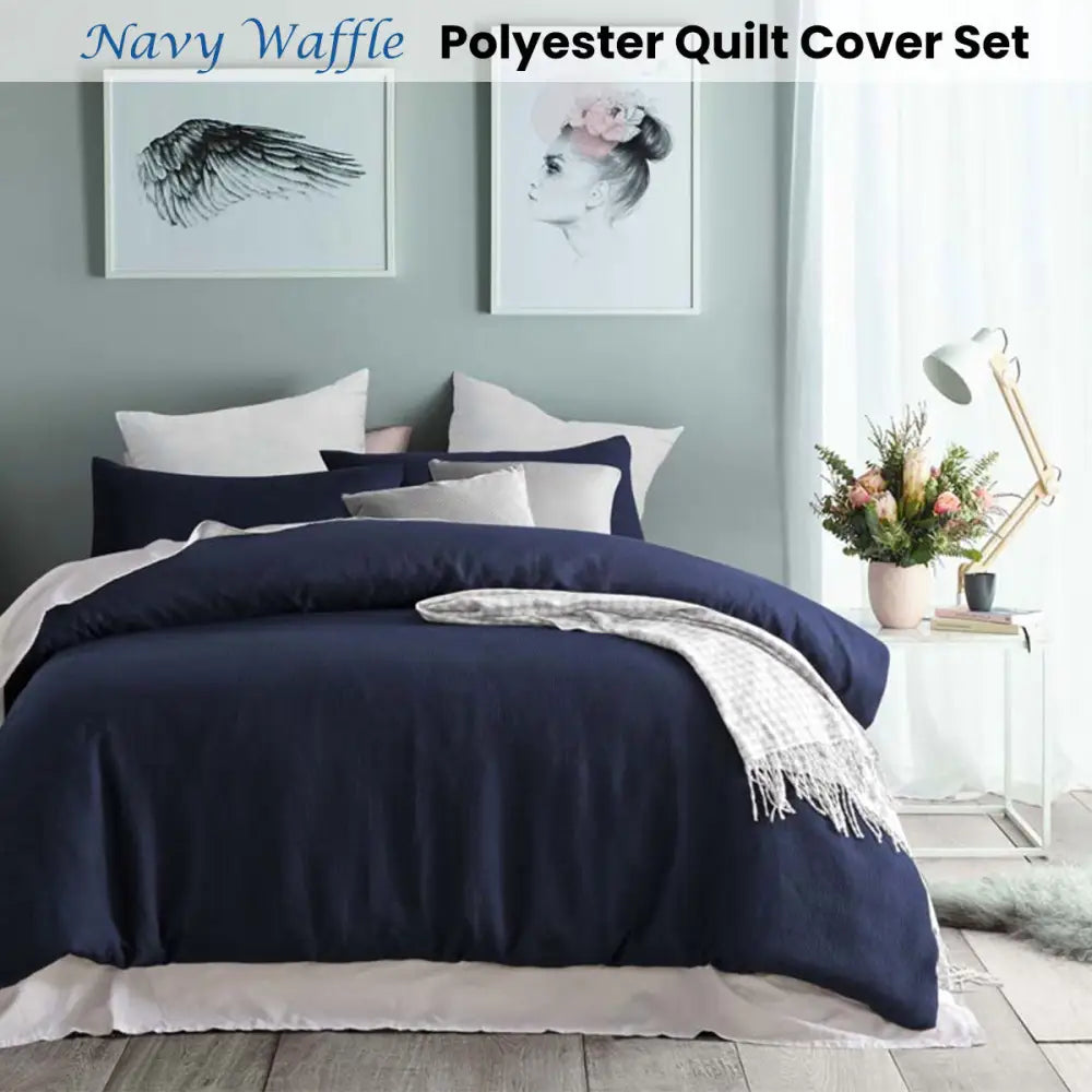 Accessorize Navy Waffle Polyester Quilt Cover Set Single - Home & Garden > Bedding