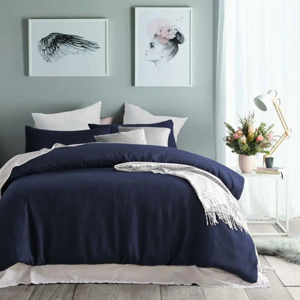 Accessorize Navy Waffle Polyester Quilt Cover Set Single - Home & Garden > Bedding