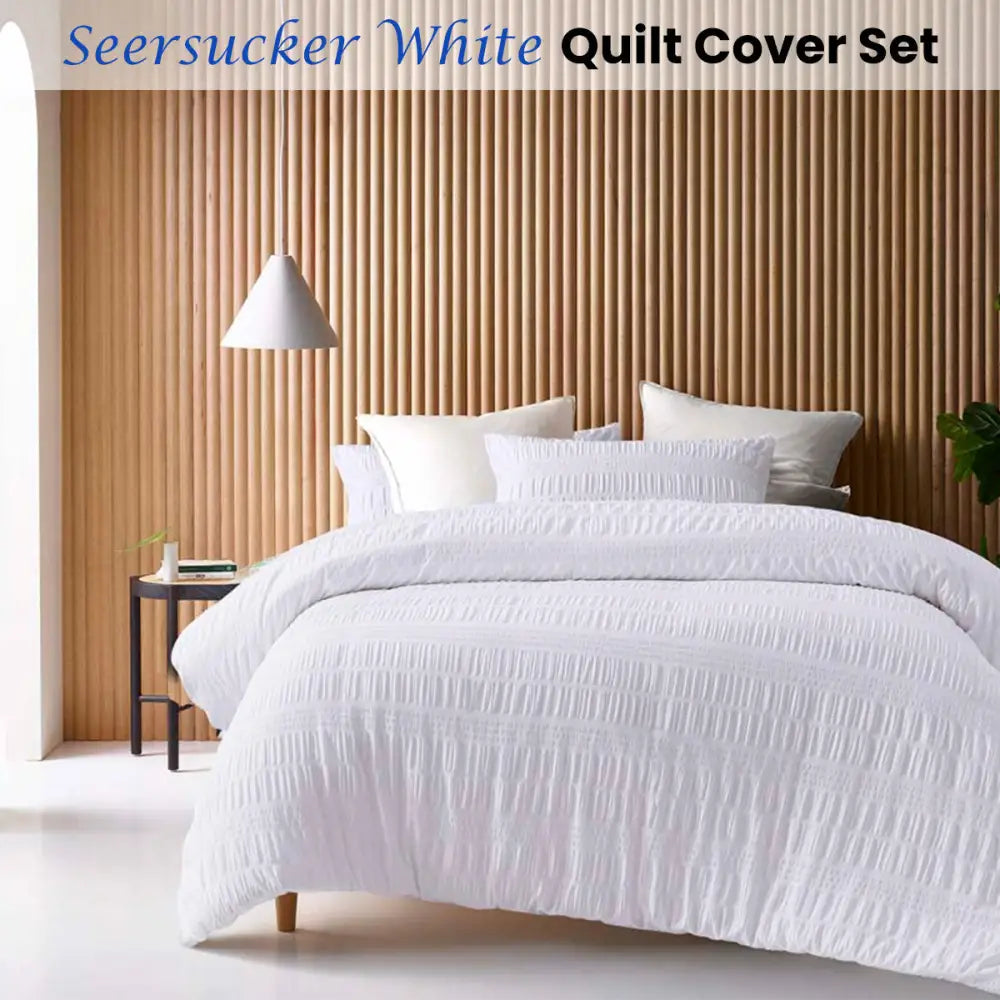 Accessorize Seersucker White Cotton Quilt Cover Set Queen - Home & Garden > Bedding