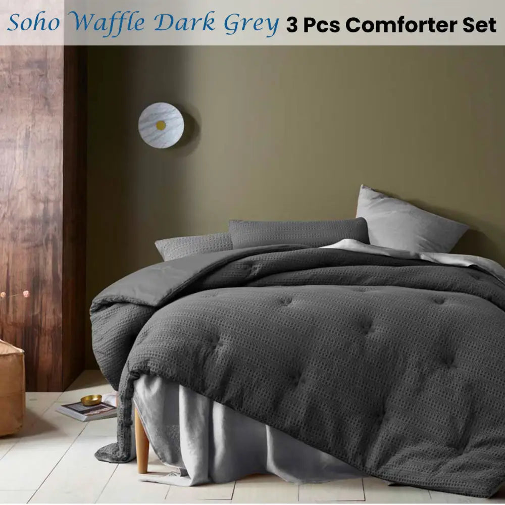 Accessorize Soho Waffle Dark Grey 3 Piece Comforter Set King - Home & Garden > Bedding