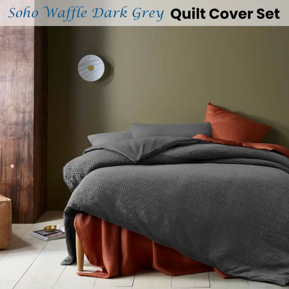 Accessorize Soho Waffle Dark Grey Quilt Cover Set Queen - Home & Garden > Bedding