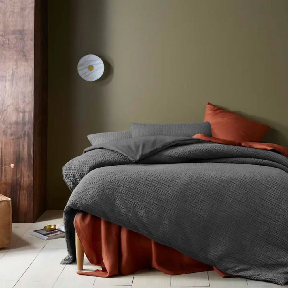 Accessorize Soho Waffle Dark Grey Quilt Cover Set Queen - Home & Garden > Bedding