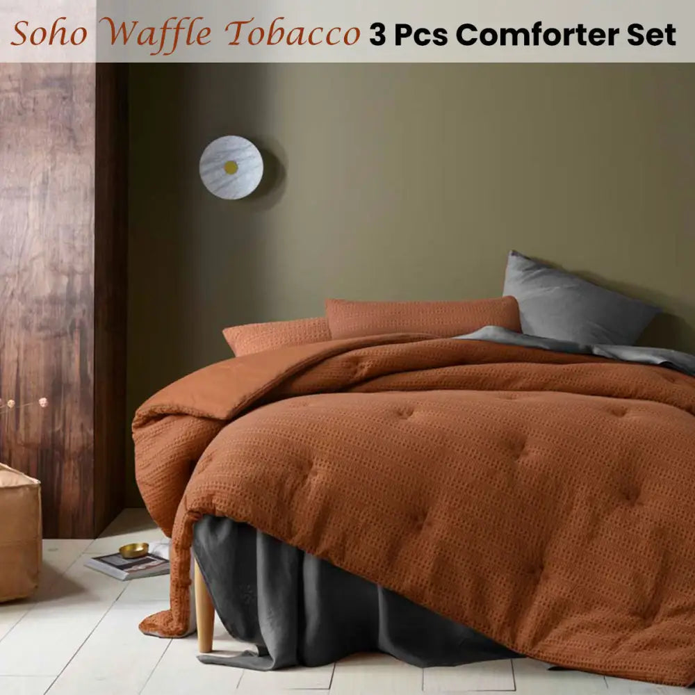 Accessorize Soho Waffle Tobacco 3 Piece Comforter Set King - Home & Garden > Bedding