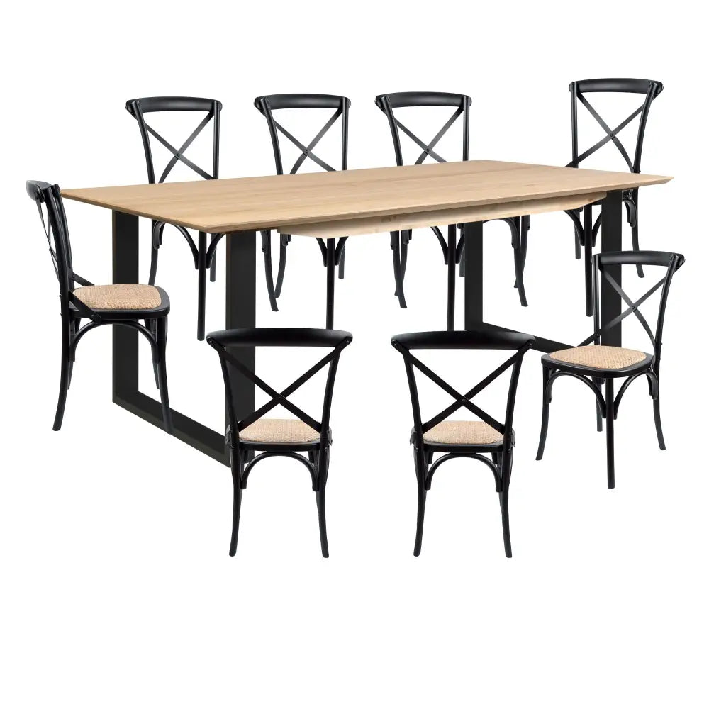 Aconite 9pc 210cm Dining Table Set 8 Cross Back Chair Solid Messmate Timber Wood - Furniture > Dining