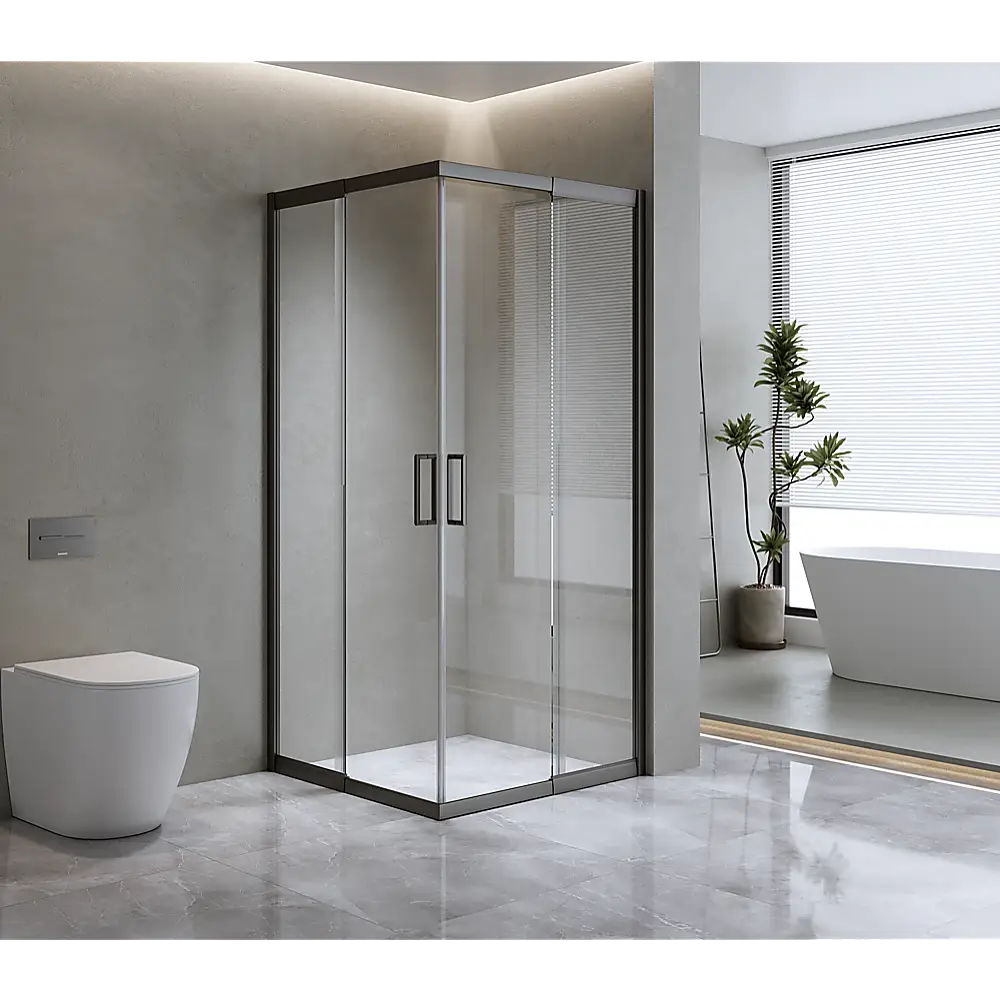 Adjustable 1100x1000mm Double Sliding Door Glass Shower Screen in Black - Furniture > Bathroom > Shower Heads & Screens