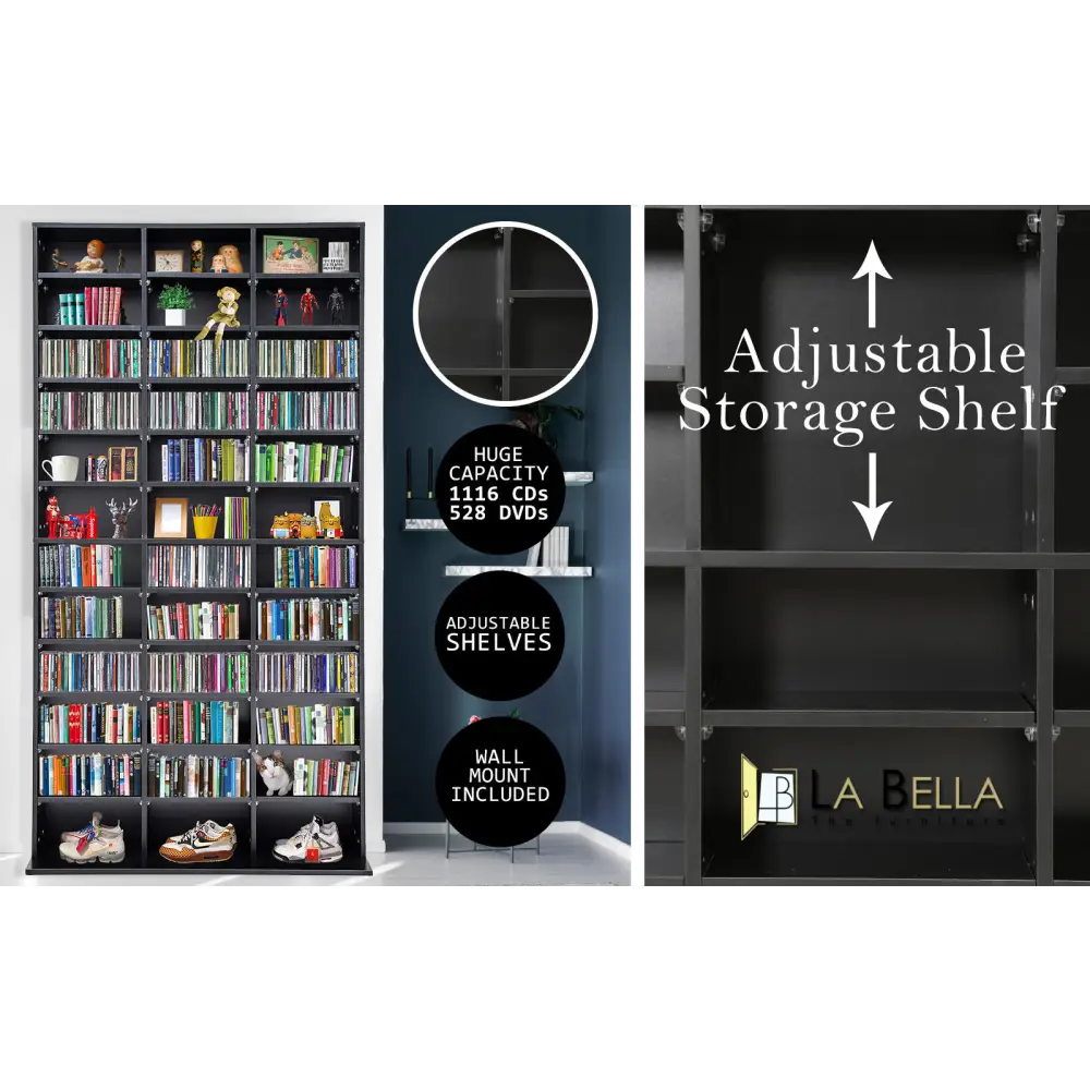 Adjustable Shelves CD DVD Bluray Media Book Storage Cupboard BLACK - Home & Garden > Storage