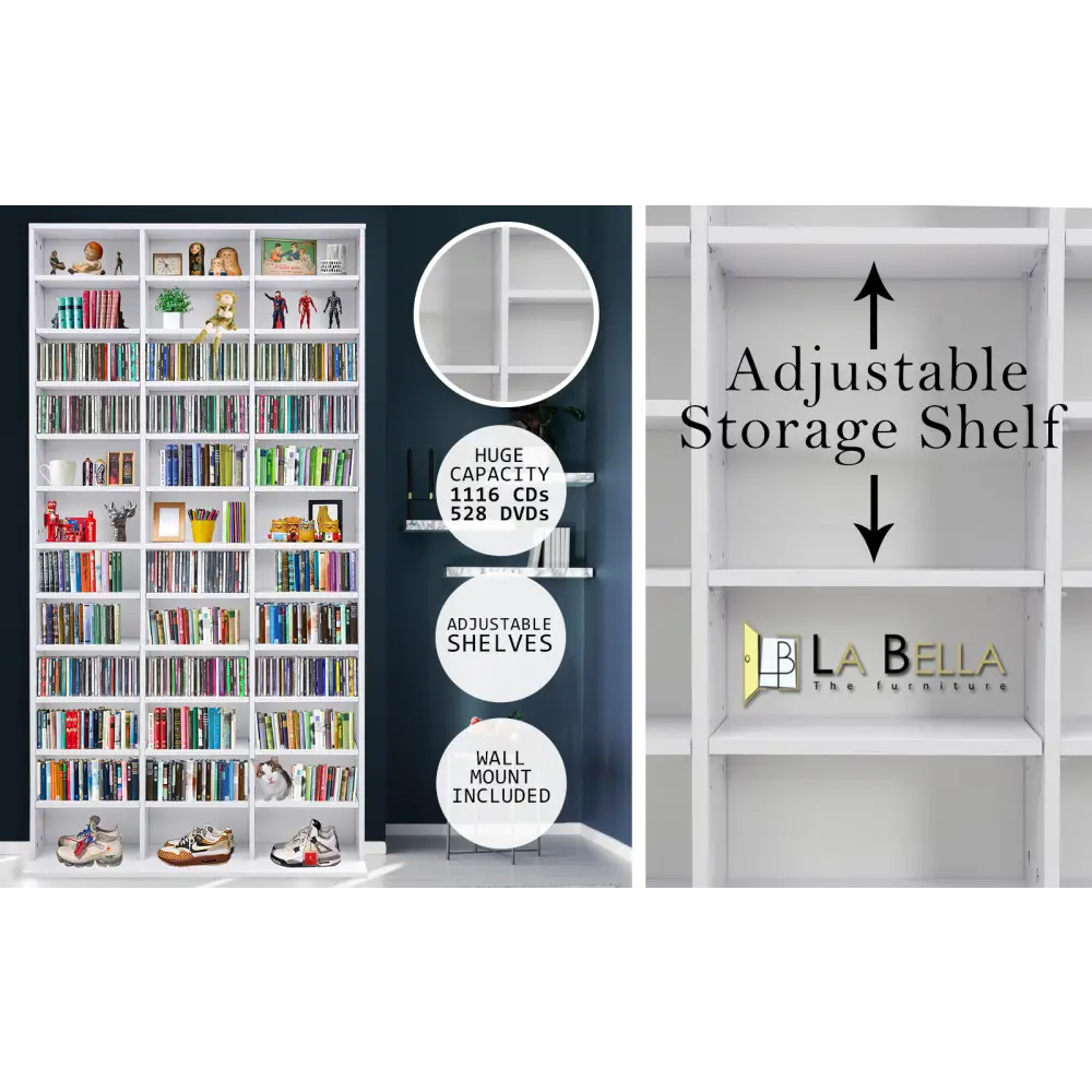 Adjustable Shelves CD DVD Bluray Media Book Storage Cupboard WHITE - Home & Garden > Storage