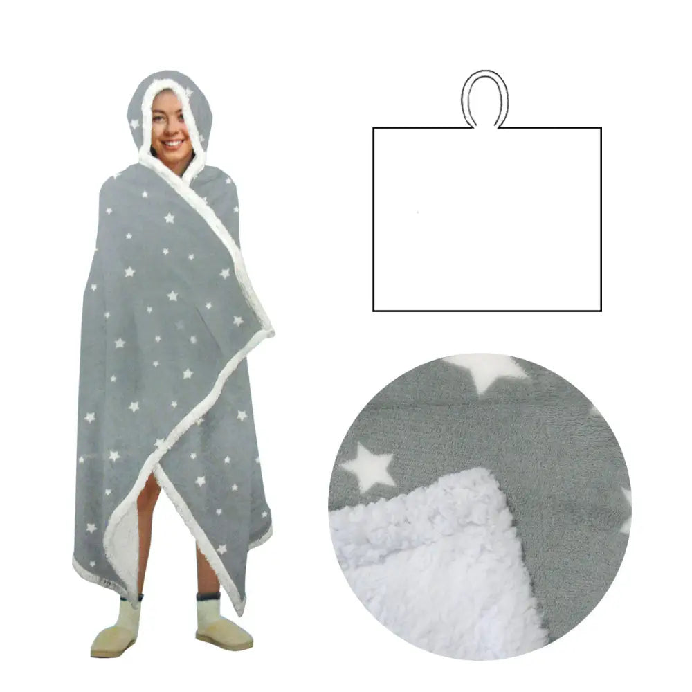 Adult Men Women Open Blanket Hoodie Poncho with Sherpa Fleece Reverse Silver Star - Home & Garden > Bedding