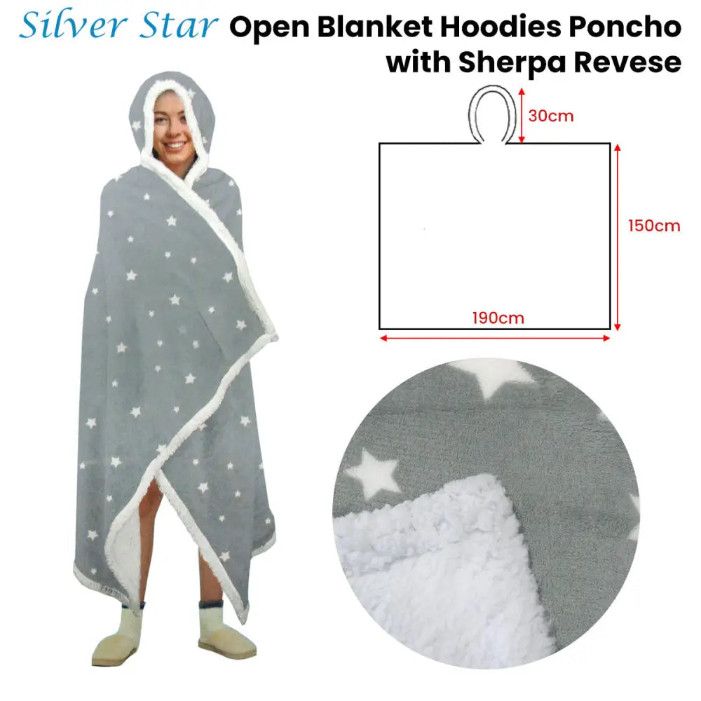 Adult Men Women Open Blanket Hoodie Poncho with Sherpa Fleece Reverse Silver Star - Home & Garden > Bedding