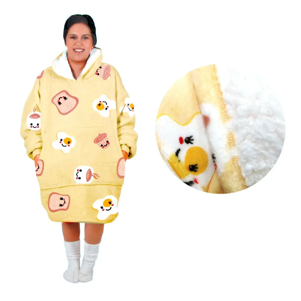 Adult Women Comfy Warm Blanket Hoodie with Sherpa Fleece Reverse Yellow Brekkie Time - Home & Garden > Bedding