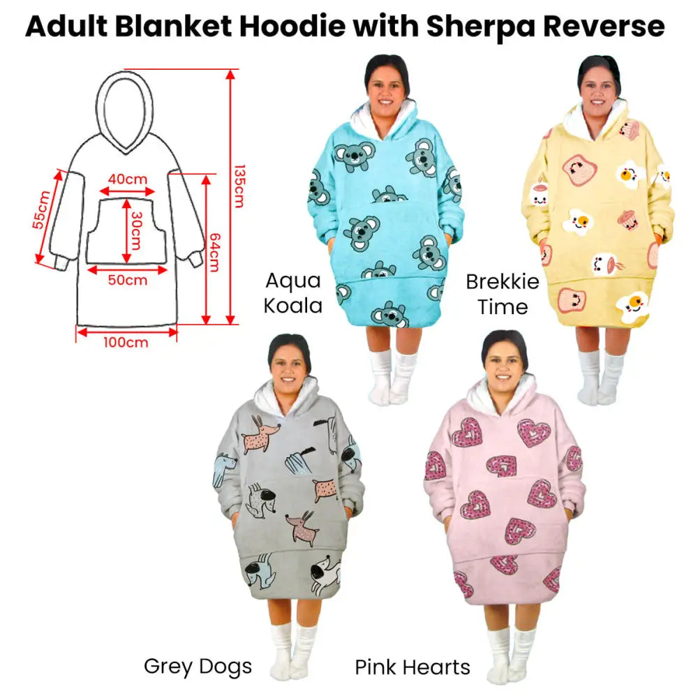 Adult Women Comfy Warm Blanket Hoodie with Sherpa Fleece Reverse Grey Dogs - Home & Garden > Bedding