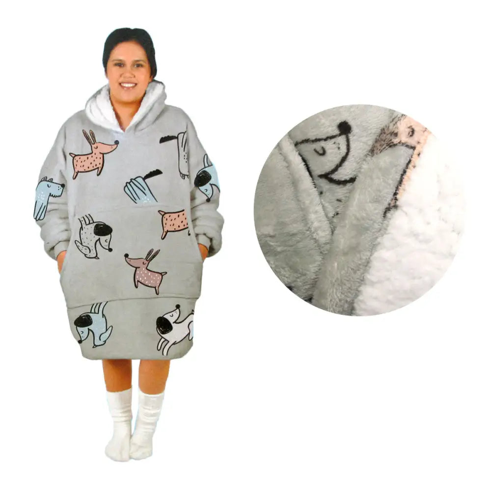Adult Women Comfy Warm Blanket Hoodie with Sherpa Fleece Reverse Grey Dogs - Home & Garden > Bedding