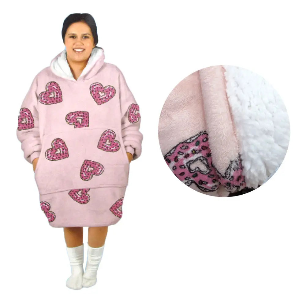 Adult Women Comfy Warm Blanket Hoodie with Sherpa Fleece Reverse Pink Hearts - Home & Garden > Bedding