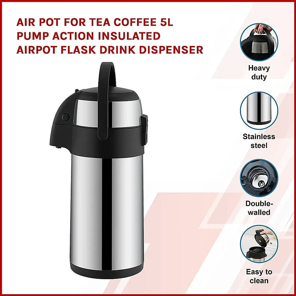 Air Pot for Tea Coffee 5L Pump Action Insulated Airpot Flask Drink Dispenser - Home & Garden > Kitchenware