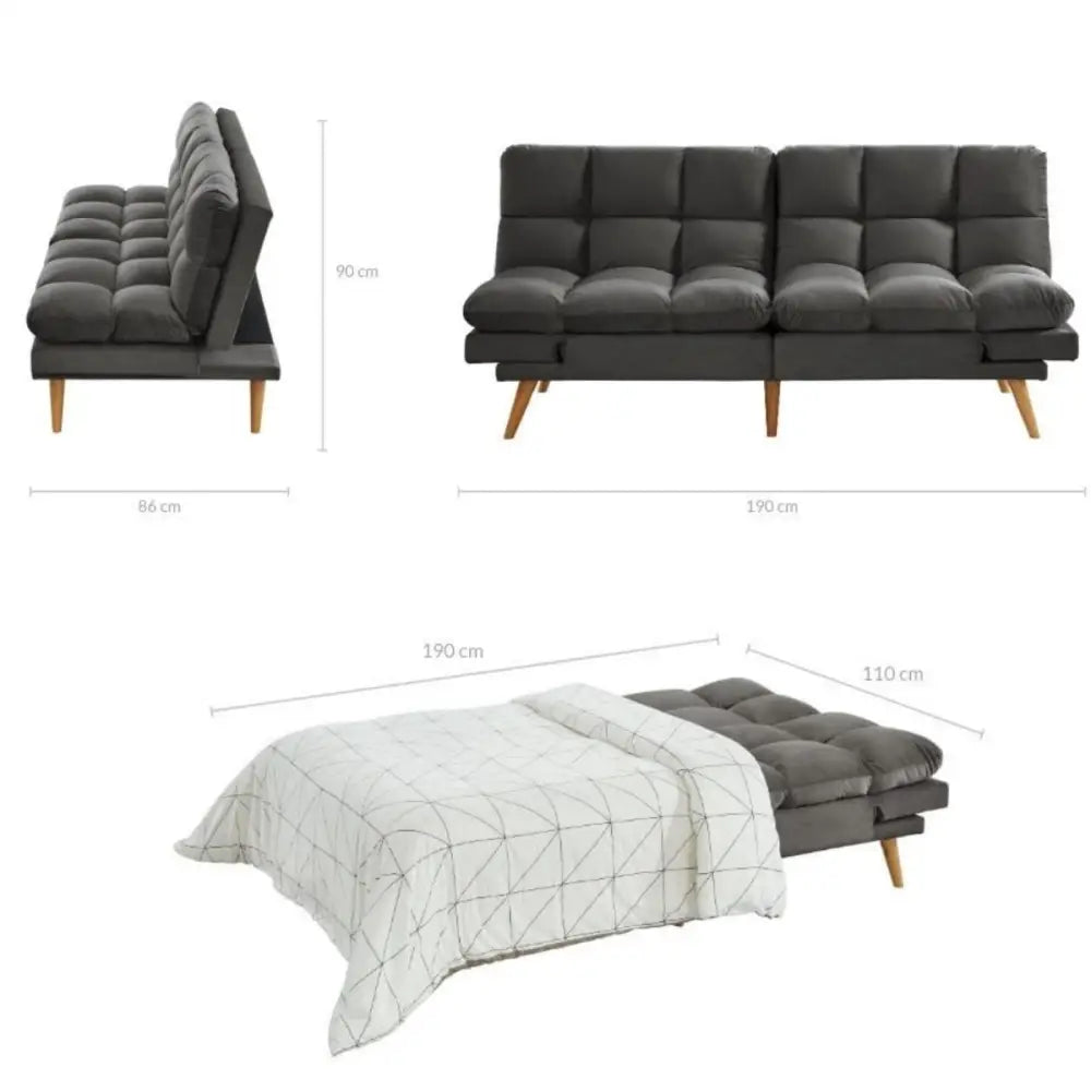 Alexa 3 Seater Velvet Sofa Bed Futon Charcoal - Furniture > Bar Stools & Chairs > Arm Chairs & Recliners