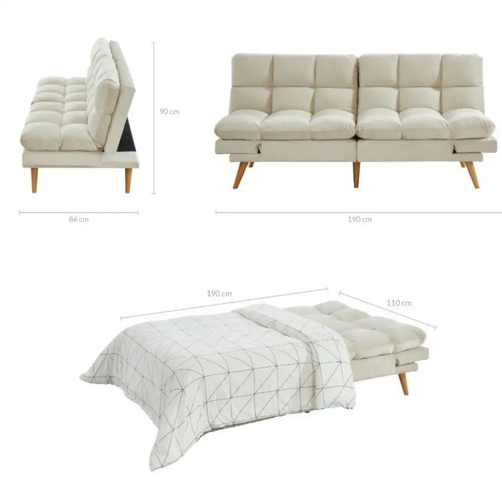 Alexa 3 Seater Velvet Sofa Bed Futon Cream - Furniture > Bar Stools & Chairs > Arm Chairs & Recliners