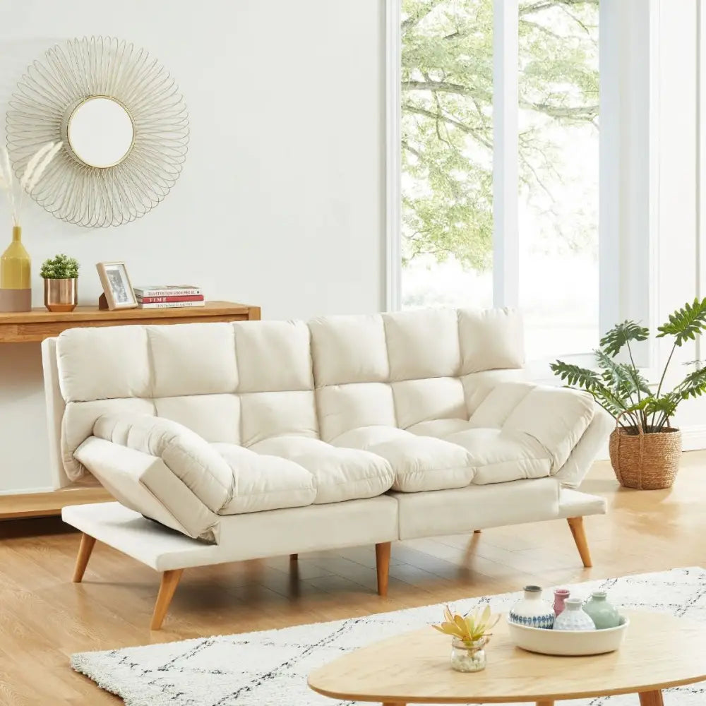 Alexa 3 Seater Velvet Sofa Bed Futon Cream - Furniture > Bar Stools & Chairs > Arm Chairs & Recliners