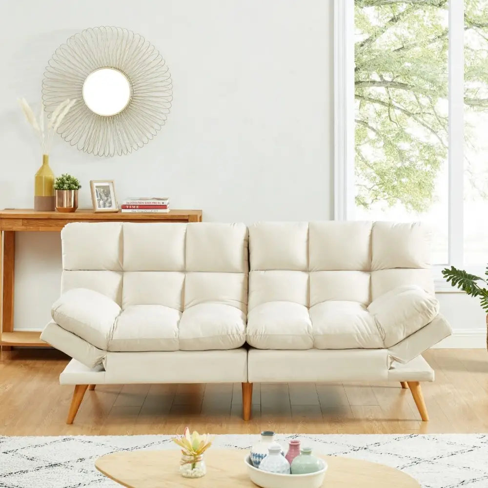 Alexa 3 Seater Velvet Sofa Bed Futon Cream - Furniture > Bar Stools & Chairs > Arm Chairs & Recliners