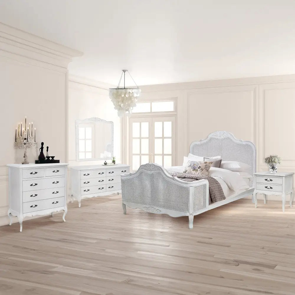 Alice King Size Bed Frame Rattan Timber Wood Mattress Base Distressed White - Furniture > Bedroom