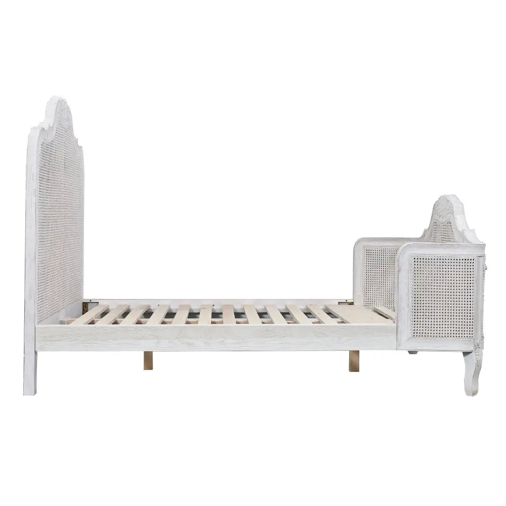 Alice King Size Bed Frame Rattan Timber Wood Mattress Base Distressed White - Furniture > Bedroom