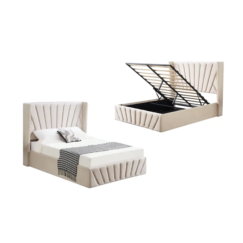 Allure Beige Velvet Gas Lift Bed - Queen - Furniture > Bedroom > Beds & Bed Frames