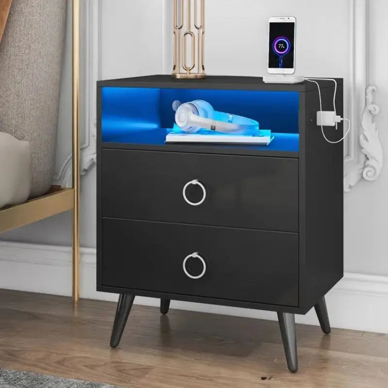 Amelia Modern LED Bedside table with USB and power socket Black - Furniture > Bedroom > Bedside Tables