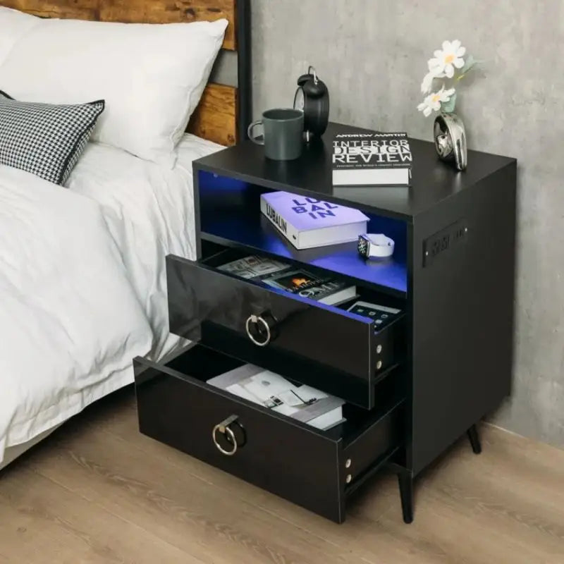 Amelia Modern LED Bedside table with USB and power socket Black - Furniture > Bedroom > Bedside Tables
