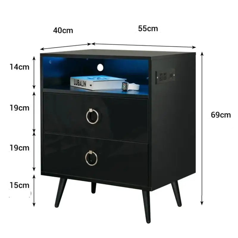 Amelia Modern LED Bedside table with USB and power socket Black - Furniture > Bedroom > Bedside Tables