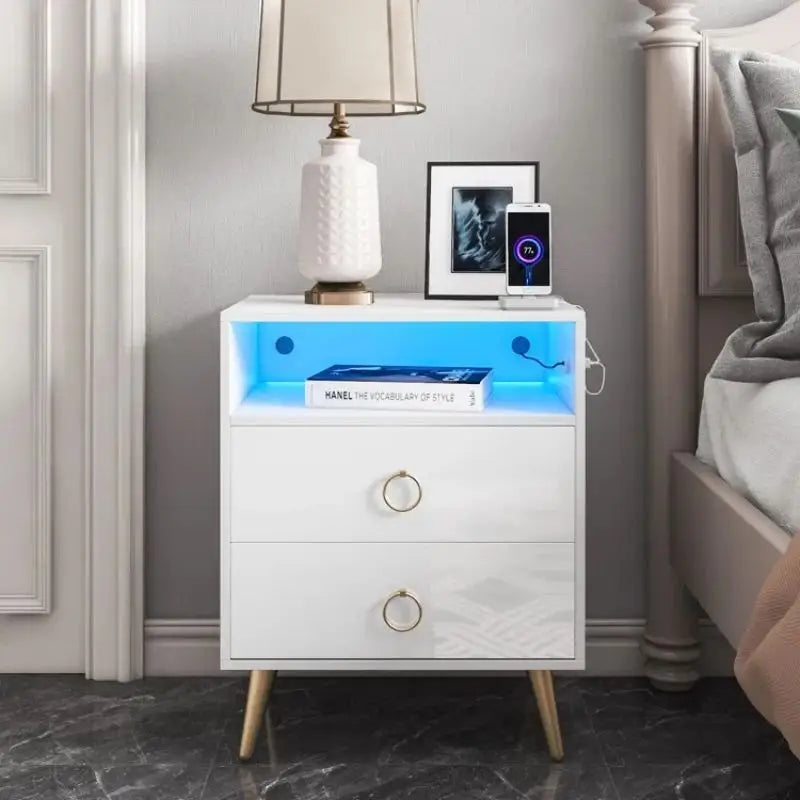 Amelia Modern LED Bedside table with USB and power socket White - Furniture > Bedroom > Bedside Tables