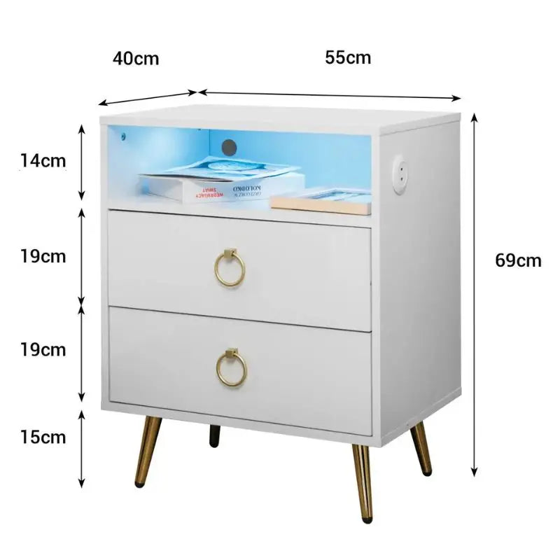 Amelia Modern LED Bedside table with USB and power socket White - Furniture > Bedroom > Bedside Tables