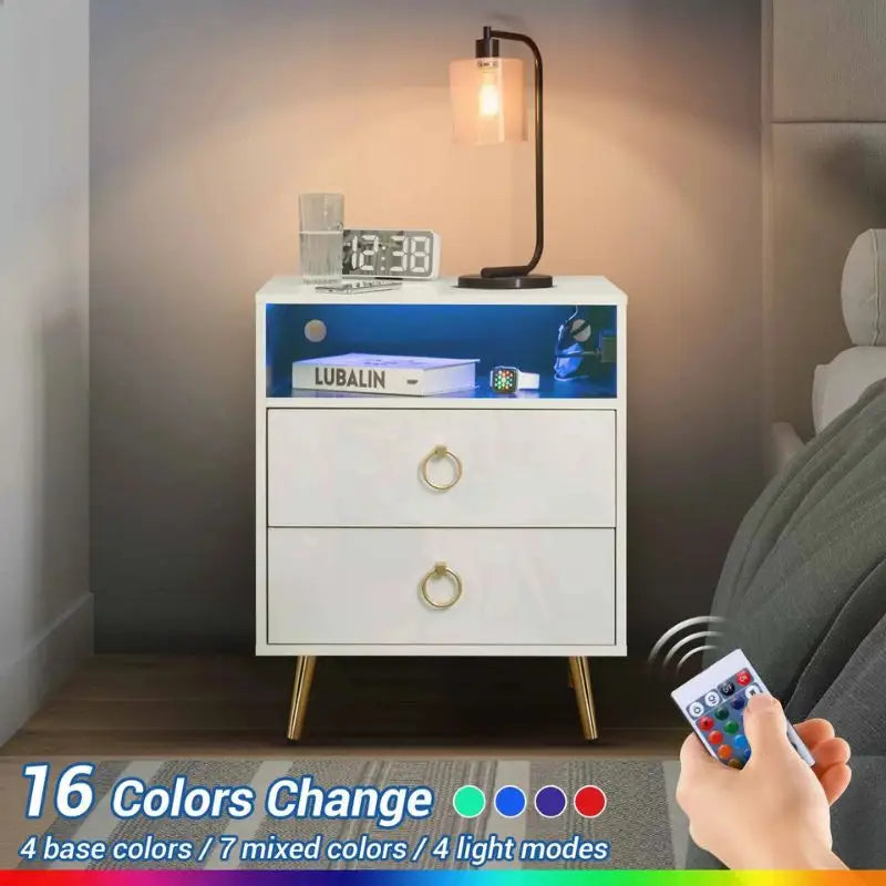 Amelia Modern LED Bedside table with USB and power socket White - Furniture > Bedroom > Bedside Tables