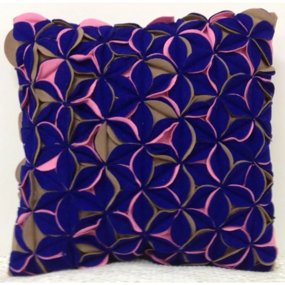 Amelie Royal Blue & Pink Felt Petals Cushion Cover - Home & Garden > Decor