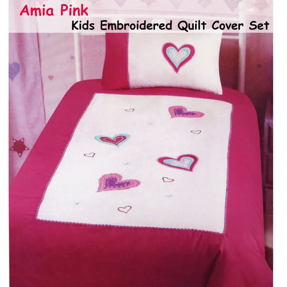 Amia Hearts Embroidered Quilt Cover Set Single - Home & Garden > Bedding