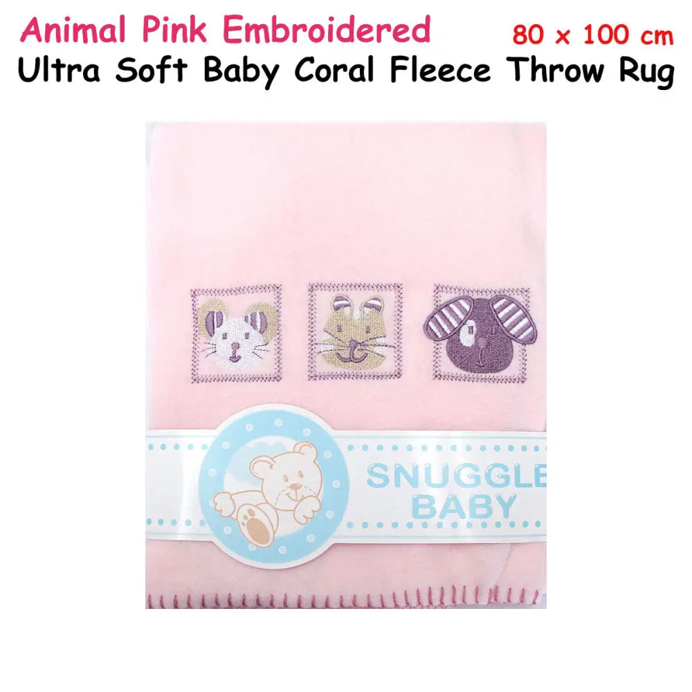 Animal Pink Embroidered Polar Fleece Baby Blanket 80 x 100 cm - Home & Garden > Bedding