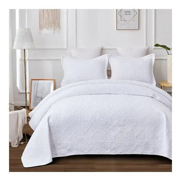 Antique White 100% Cotton Quilted 3 pcs Bedspread Coverlet Set King Single - Home & Garden > Bedding > Quilts & Duvets