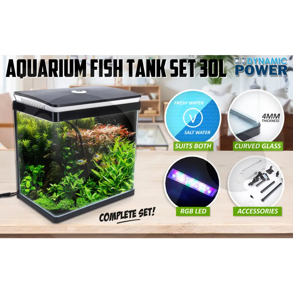 Aquarium Curved Glass RGB LED Fish Tank Set Filter Pump 30L - Pet Care > Aquarium > Aquariums