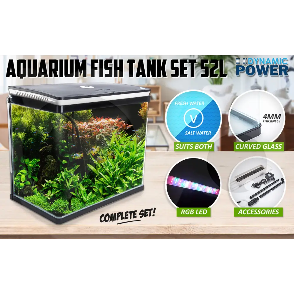 Aquarium Curved Glass RGB LED Fish Tank Set Filter Pump 52L - Pet Care > Aquarium > Aquariums