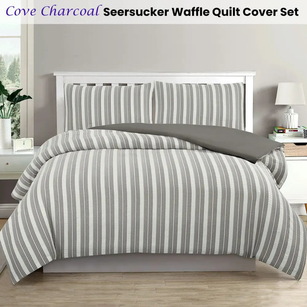 Ardor Cove Charcoal Seersucker Waffle Quilt Cover Set Queen - Home & Garden > Bedding