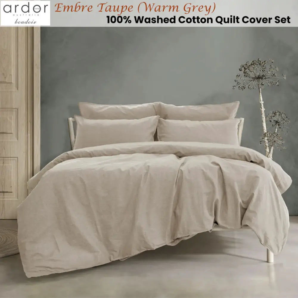 Ardor Embre Taupe (Also known as Warm Grey) 100% Washed Cotton Quilt Cover Set Queen - Home & Garden > Bedding