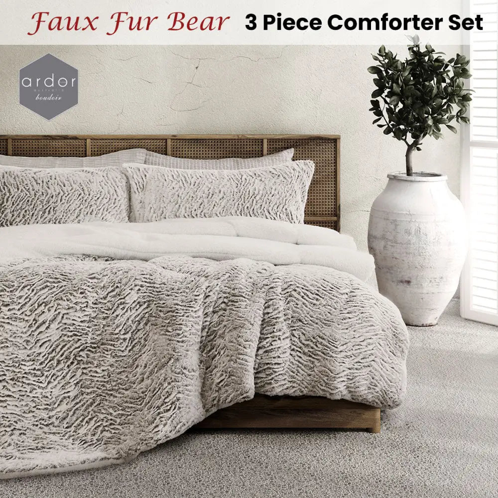 Ardor Faux Fur Bear 3 Piece Comforter Set Queen/King - Home & Garden > Bedding