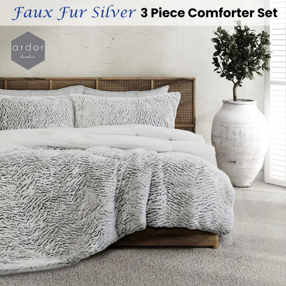 Ardor Faux Fur Silver 3 Piece Comforter Set Single/Double - Home & Garden > Bedding