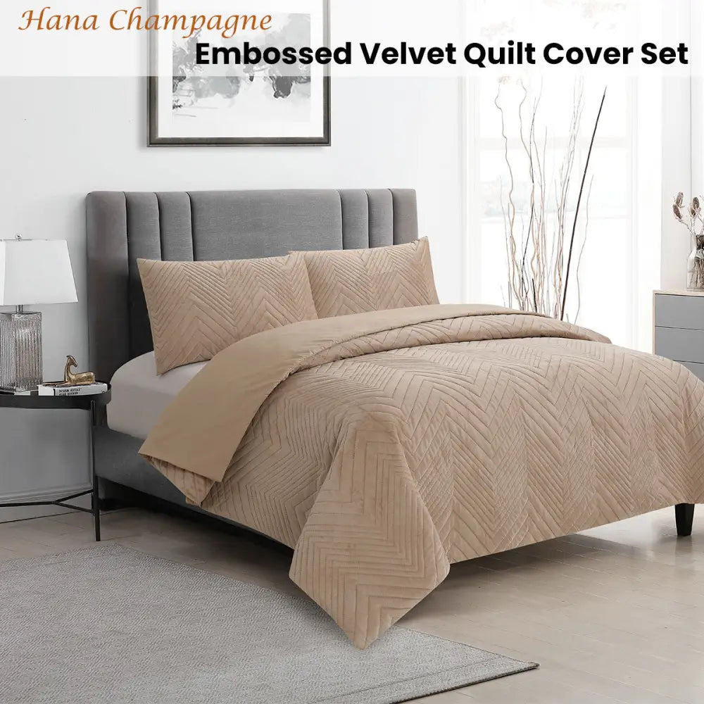 Ardor Hana Champagne Embossed Velvet Quilt Cover Set Queen - Home & Garden > Bedding